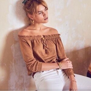Sézane Pull Dolores Linen Blouse Brown XS Off Shoulder Boho Peasant Romantic